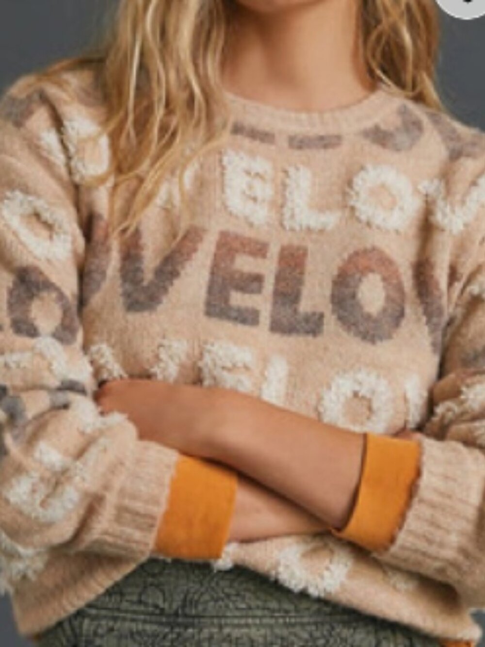 Anthropologie Beige 'LOVE' Pattern Beige Crewneck Pull Over Sweater S